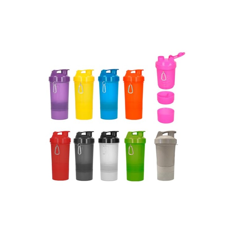 Cilindro Shaker para proteina 450ml. Botella con compartimentos y mezclador.