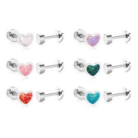 Dreuyet 6 Pairs Flat Back Heart Earrings for Women 18K Gold Plated Tiny Small Heart Earrings Stainless Steel Cartilage Helix Piercing Ear Mini Cute Sequins Heart Stud Earrings (Silver Glitter)