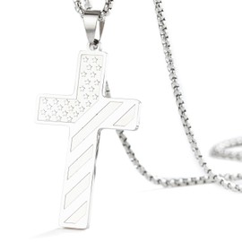 SAELACY American Flag Cross Necklace for Men with Bible Verse Joshua 1:9 Black Silver Tone Stainless Steel Christian Pendant Necklace Box Chain (Joshua 1:9, white, chain length:18")