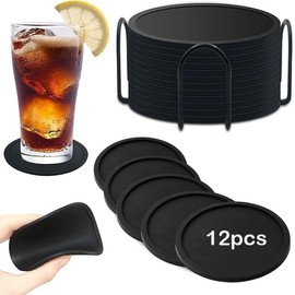 Límite-MX 12 Piezas Posavasos para Mesa,Porta Vasos,Portavasos de Silicona Antideslizantes,Posavasos de Bebidas con Soporte Posavasos,Adapta Bar Hogar Restaurante Cafetería(Negro)