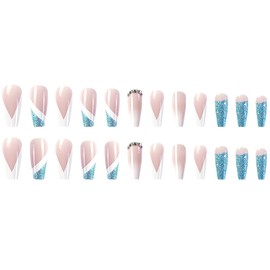 Press on Nails Medium Ballet Shaped False Nails Blue Glitter Sequins Powder and Rhinestones Design French Fake Nails Full Cover Glossy Reusable Coffin Nails Glue on Nails for Women Supplies 24Pcs