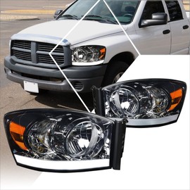 PM PERFORMOTOR Headlights Assembly Compatible with 2006-2009 Dodge Ram Pickup, Headlamps with LED DRL, Smoked Lens/Amber Corner