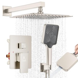 JQBQS Shower System 10IN Modern Rain Brass Faucet Set With Valve and Diverter Shower Mixer With Handheld High Pressure Square Rainfall Shower Valve (10'' Wall Mount, Brushed Nickel)
