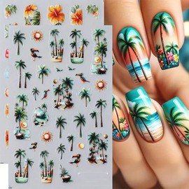 Summer Nails Stickers Spring Nails Sticker 5D Embossed Green Coconut Tree Self Adhesive Sticker Yellow Flower Designs Nail Decals Sunset Nail Art Decals Summer Decals for Nail DIY Manicure 2Sheets