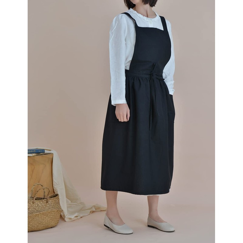 LeafIn Women's Flower Pattern Apron One-Piece Cotton 2-Way Pocket Long