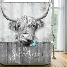 Cinbloo Funny Gray Highland Cow Shower Curtain 60Wx72H Vintage Farmhouse Western Longhorn Bull Animal Rustic Country Bathroom Curtain Set Wooden Daisy Bath Curtain Fabric Bathroom Decor with 12 Hooks