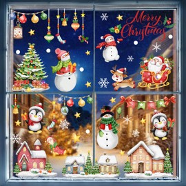 9 Sheets Christmas Window Clings - Stickers for Glass Wall Xmax Tree Ball Snowman Snowflake Christmas Decoration Reusable Glass Decals for Home Xmas Party Supplies