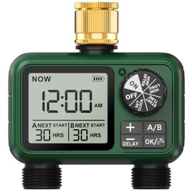 XinFuture Irrigation Computer 2 Outputs, Brass Inlet, Large LCD Display Watering Timer, Automatic Watering Timer with Rain Delayed/Manual/Tap Timer for Garden