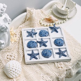 NIKKY HOME Beach Tic Tac Toe 5 Sand Dollars & 5 Starfish Pieces Wood Board Travel Game for Fun Coastal Beach House Coffee Table Decor, Blue