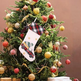 WeRejouir Festive Embroidered Linen Christmas Stocking 1 Pack with Red Green Checkered Truck, Christmas Tree, and Snowflake Design. Perfect for Kids, Family, and Xmas Fireplace Decorations.