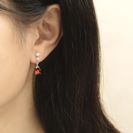 FH.bird Garnet Earrings, Women's Popular, Swinging "Incarnation of Elegance" 925 Silver, Hypoallergenic, Red Stone, Swing, January Birthstone, Large Jewelry, Birthday Gift, Popular for 20s, Silver