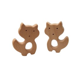 Arakierst 2pcs Organic Wood Fox Teether Pure Natural Animal Shape Beech Wooden Handmade Grasping Pattern DIY Pacifier Chain Pendant
