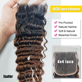 Ombre Closure 1b/30 Deep Closure 20 Inch Brown Ombre 4X4 HD Transparent Lace Wet and Wavy Moist Deep Pre Plucked With Baby Hair 100% Unprocessed Brazilian Virgin Human Hair