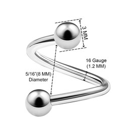 KJM Fashion Pack of 5 Anodised Spiral Ear 1.2 mm 16 Gauge Lip Earrings, Stainless Steel