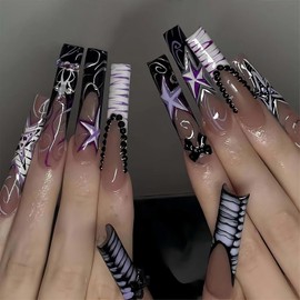 BABALAL Press on Nails Long Square Fake Nails Black Purple French Glue on Nails Bow Charm Star Y2k Acrylic Nails Goth False Nails 24Pcs Glossy Squoval Stick on Nails Luxury Manicure Artificial Nails