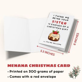 MENANA Christmas Card for Sister - Sister Christmas Cards with Envelope - Xmas Card for Sister - Christmas Greeting Cards - Christmas Cards for Family Members - 5.3”x8 Single Christmas Card