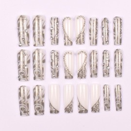 Silver French Tip with Rhinestones Press on Nails Long Square Fake Nails Design Charms Glue on Nails 3D Heart Stick on Nails Elegant Glitter Glossy Acrylic Nails for Women Manicure 24Pcs