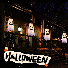 JASUVII Decoraciones de Halloween,Luces de Halloween con Forma de Sombrero de Bruja y Fantasma Luminoso-Decoración para Colgar en Interiores Exteriores para el Hogar, el jardín y los Arboles (4 Pcs