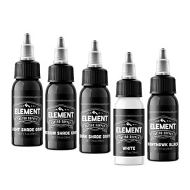 ELEMENT TATTOO SUPPLY - 5 Stage Greywash Tattoo Ink Set - 3 Stage Grey Wash Tattoo Ink - Black Tattoo Ink - White Tattoo Ink - 4 oz Bottles