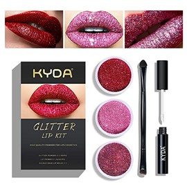 KYDA Kit De Labios Con Glitter De 3 Colores, Polvo Metálico Diamante De Alta Pigmentación Para Labios, Maquillaje De Labios Con Glitter, Con Prebase