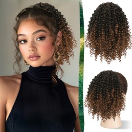 RUWISS Drawstring Ponytail Afro Frizzy Curly Ponytail for Women, 25 cm Synthetic Hairpiece with Clip-in Jerry Curls Afro Puff Ponytail Extensions (Black Mix Brown Ombre)