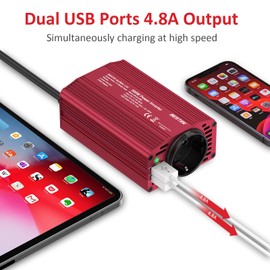 BESTEK Spannungswandler 12v auf 230v 300w Wechselrichter mit USB-C Ladegerät PD 18W und LCD-Display Zigarettenanzünder Stecker, Stromwandler/Umwandler Dual USB 4.8A, Rot