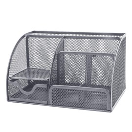 Flexzion Desk Organizer Office Supplies Accessories Desktop Tabletop Sorter Shelf Pencil Holder Caddy Set - Metal Mesh with Drawer and 6 Compartments (Silver Gray)