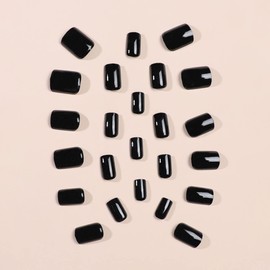 JUSTOTRY 24 Pcs Nude Solid Short False Nails Pattern,Black Square Press on Nails,Glossy Fake Nails Medium for Nails Art,French Squoval Stick on Nails for Women and Teens Gifts