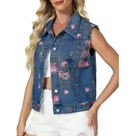 LifeShe Denim Vest Women Sleeveless Casual Floral Printed Jean Waistcoat Jacket