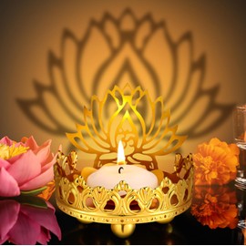 Daifunli Diwali Tea Light Candle Holder Metal Ganesha Shadow Lotus Ghee Oil Lamp Holders Diyas Gifts for Diwali Pooja Buddhist Altar Supplies for Temples Decor Gift Pooja Temple Mandir(Lotus)