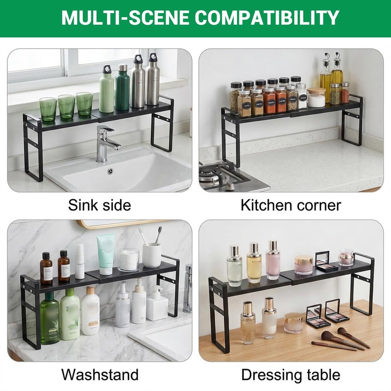 2 Pack Black Expandable Cabinet Shelf Organizer 13.7-23.6" L Stackable
