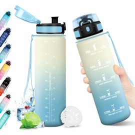 Water Bottle, 1 Litre, Leak-Proof, Water Bottle with Time Marking, Sports Water Bottle with Filter, BPA-Free, Sports Water Bottle for Gym, Bicycle, Office, Outdoor, Adults,