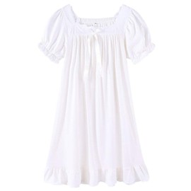 CHUNG Toddler Little Big Girls Long Sleeve Modal Nightgowns Soft Palace Princess Round Square Neck Long Sleep Dress Vintage,white-700,5-6Yrs(110)