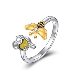 TIGER RIDER Bee Rings Amber Honeycome Bee Ring Sterling Silver Adjustable Band Ring for Women
