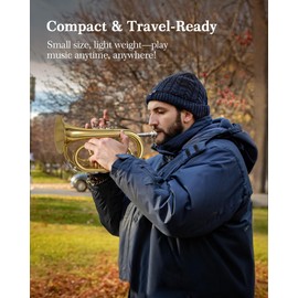 KORDOS Pocket Trumpet B Flat Quality Brass Bb Mini Trumpet with 7C Mouthpiece, Cleaning Kit, Gloves, Hard Case for Beginners, Students, Travelers and Professionals, Gold Lacquer