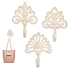 Sungmor Set of 3 Decorative Cast Iron Wall Hooks – Vintage Ornate Design with White Distressed Finish – Heavy Duty Rustic Wall Hangers for Entryway, Bathroom, Kitchen, or Bedroom Decor