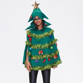 DSORVICD Women Christmas Tree Costume Bow Ball Decor Hooded Cloak Cape Christmas Tree Poncho for Party Cosplay (Green, XL)