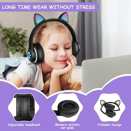 BLAZDEVE Bluetooth Cat Ear Headphones, Foldable Ear LED Light Child Wireless Headphones with Microphone and LED Light for Child, Compatible with Mobile Phones PC Tablet (Black)