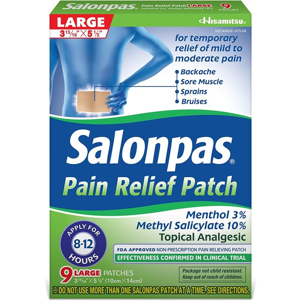 Salonpas Pain Relieving Menthol and Methyl Salicylate Patch - LARGE - for Back, Neck, Shoulder, Knee Pain and Muscle Soreness - 12 Hour Pain Relief - 9 Count