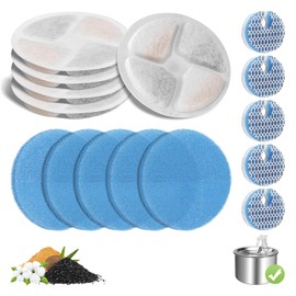 5 Pack Cat Fountain Filter Replacement for Round 2.2L/73oz Automatic Pet Water Fountain, Stainless Steel Cat Water Fountain Filters, Triple Filtration System, Activated Carbon Filters