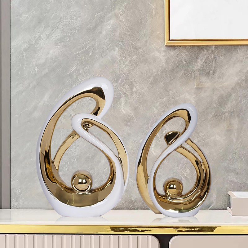2 PCS White Gold Decor Accent Ceramic Statue White Mid