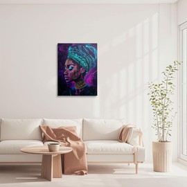 WGQNJDSD Cool Purple Fantasy Cyberpunk Technology African American Woman Portrait Canvas Wall Art, Space Theme Black People African Girl Girly Home Decor Ready to Hang (12"x16")