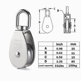 4Pcs M25 Single Pulley Block, Creatiee 304 Stainless Steel Pulley Roller, Crane Swivel Hook Smooth Wire Rope Cable Loading 331lbs/150 kg