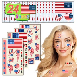 24 Sheets USA Flag Tattoos America Independence Day Face Temporary Tattoos Stickers For Men Women Kids 4th Fourth of July American National Country Flag for World Cup US Memorial Day, Olympic Games