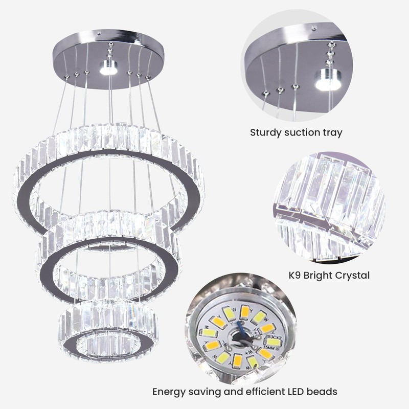 CLAIRDAI Crystal Chandeliers 3 Rings Ceiling Light Fixture LED Chandelier
