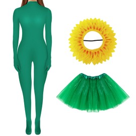 3 pcs Sunflower Performance Costume Long Sleeves Full Bodysuit Women Costume Tutu Skirt Dance Skirts Sunflower Headgear Funny Performance Props for Dance Party Games Festival Teens Adults (Small)