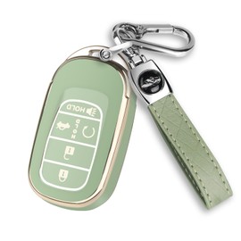 QBUC for Honda Key Fob Cover, Soft TPU Car Key Case Protector with Leather Keychain Compatible with Honda Accord Civic HRV CRV Pilot Smart Remote Key (Gold Trim,Green)