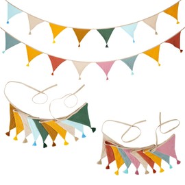Bunting, Pack of 2 Bunting Children's Room, Fabric Bunting with Tassels, Double Sided Fabric Bunting, Multicoloured Triangle Flags, 3.1 m Muslin Fabric Garland for Children's Room