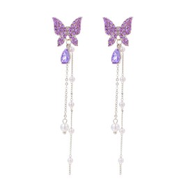 Purple Butterfly and Crystal Tassel Earrings - Elegant Wedding, Prom, Dating 925 Silver Jewelry, Medium, Silver, metal