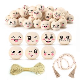 Lunyloer Wooden Beads with Face, 70 Pieces, 7 Styles Wooden Balls with Face with Face 20 mm, Smile Face Wooden Beads, Natural Wood Beads, Round for DIY Crafts Decorations